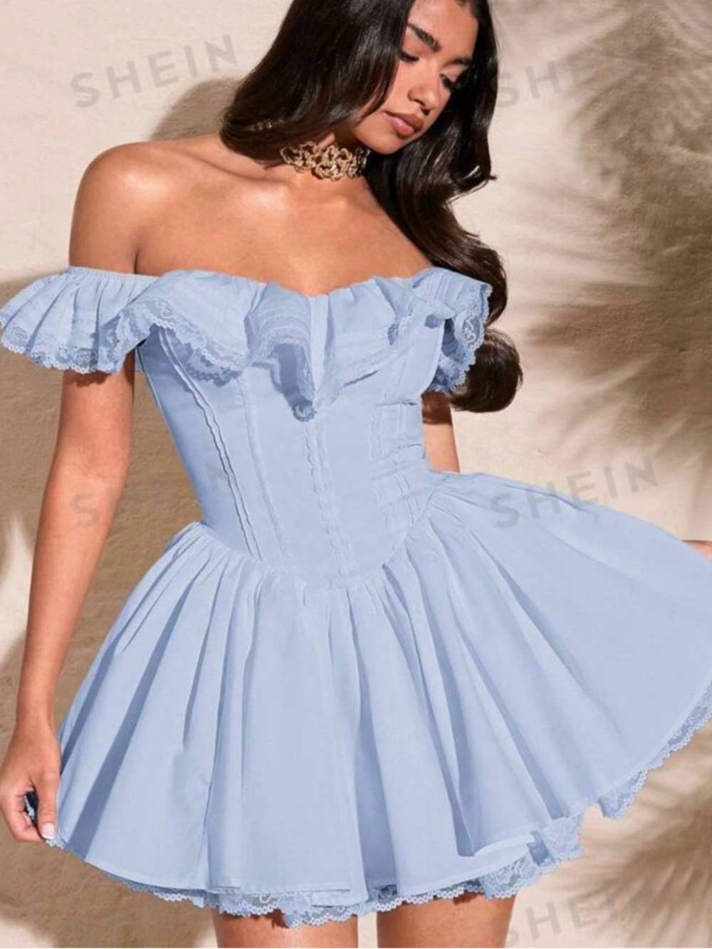 Light Blue Ruffled Off-Shoulder Dress - Picture 3 of 3